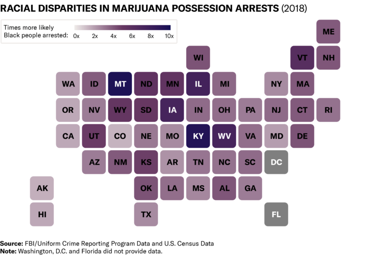Map of racial disparities in marijuana possession arrests in 2018