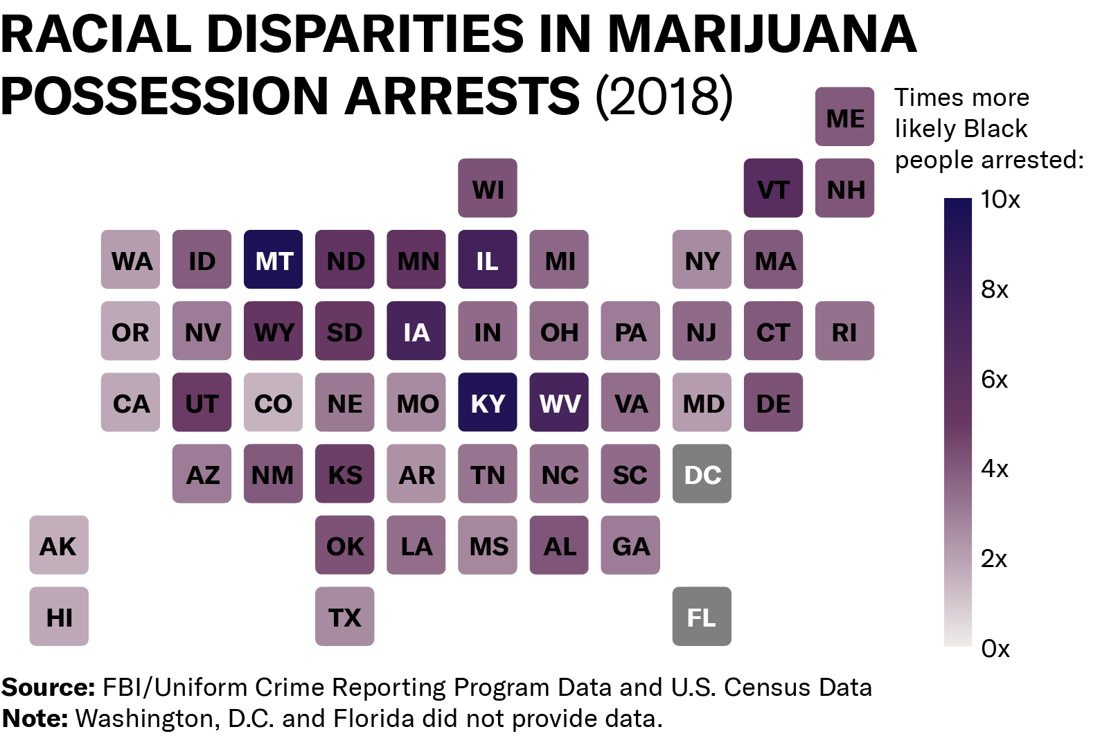 Map of racial disparities in marijuana possession arrests in 2018