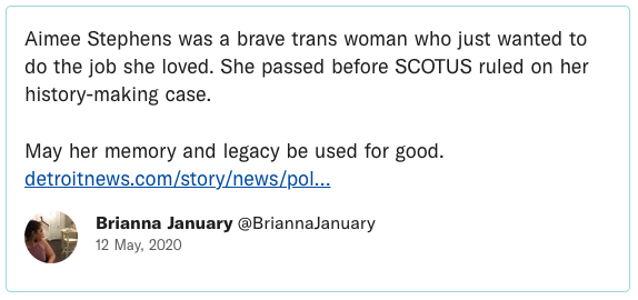 Aimee Stephens was a brave trans woman who just wanted to do the job she loved. She passed before SCOTUS ruled on her history-making case. May her memory and legacy be used for good.