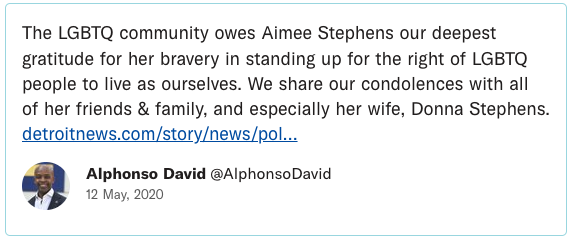 The LGBTQ community owes Aimee Stephens our deepest gratitude for her bravery in standing up for the right of LGBTQ people to live as ourselves. We share our condolences with all of her friends & family, and especially her wife, Donna Stephens.