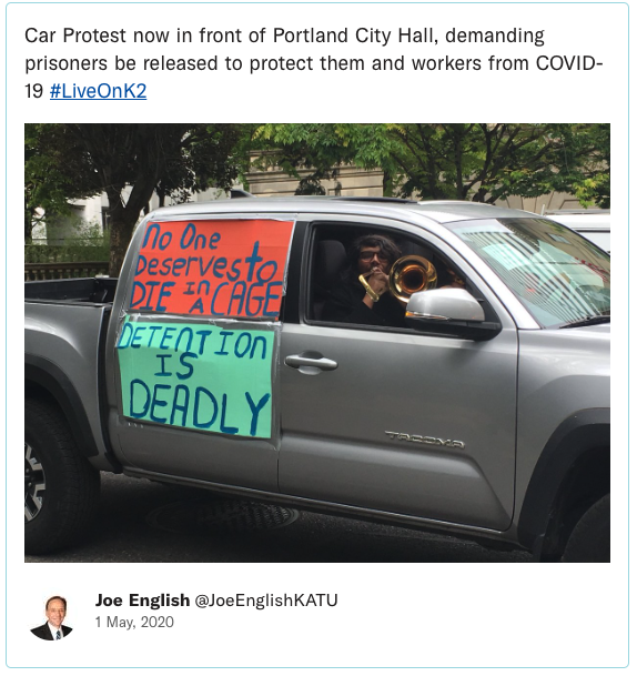 Car Protest now in front of Portland City Hall, demanding prisoners be released to protect them and workers from COVID-19
