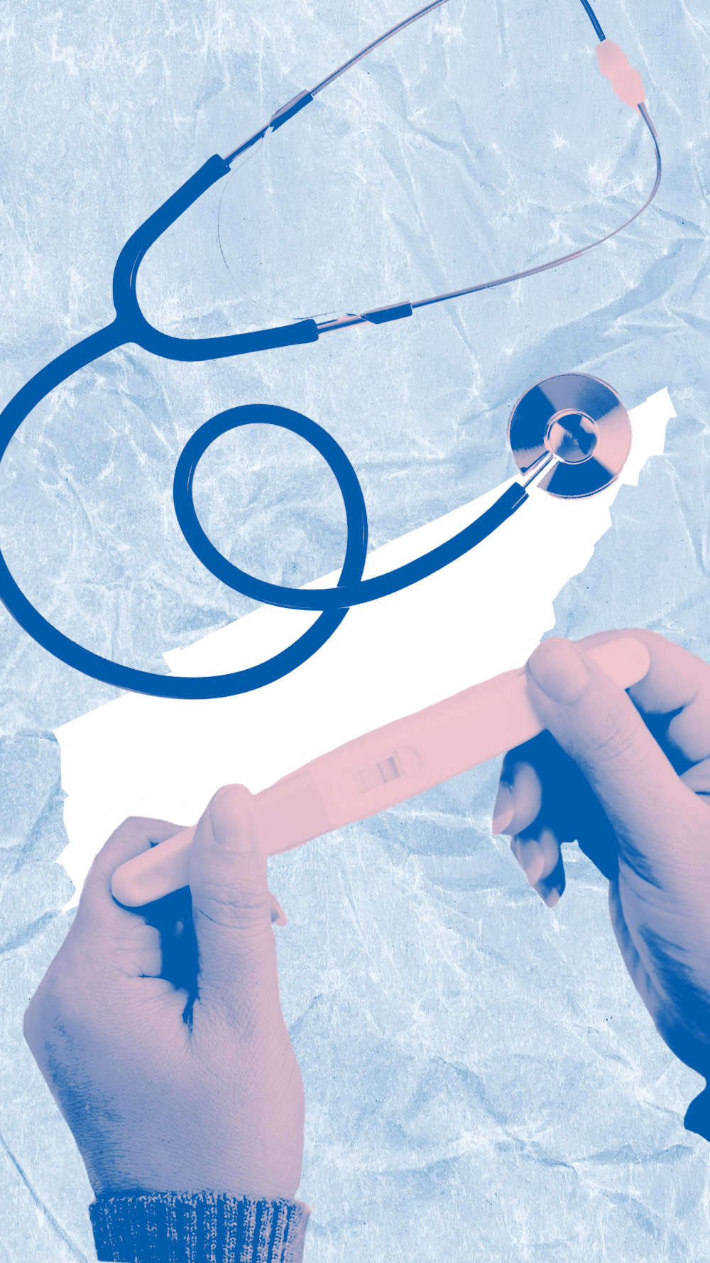 Graphic of a stethoscope and a person holding a pregnancy test.