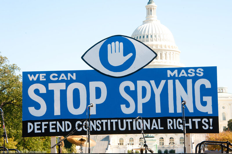A sign with the text "We can stop mass spying, defend constitutional rights!" at a rally outside the US Capitol building.