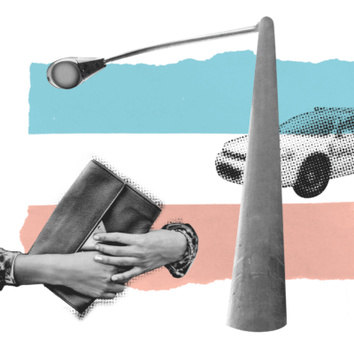 Two hands holding a purse near a street lamp and police car on a background with the trans flag colors.
