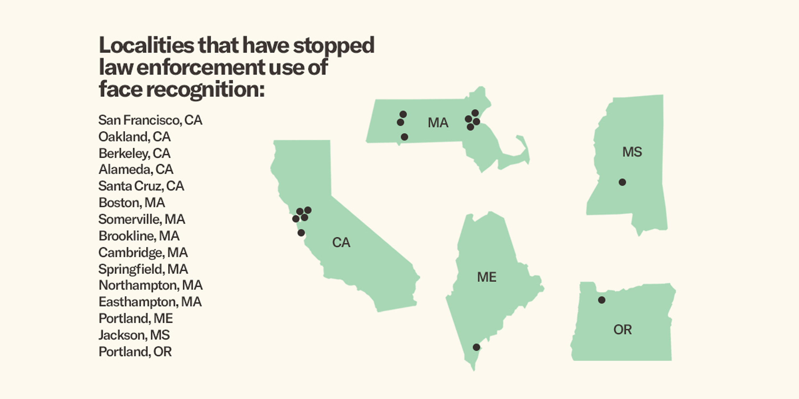Localities that have stopped law enforcement use of face recognition.