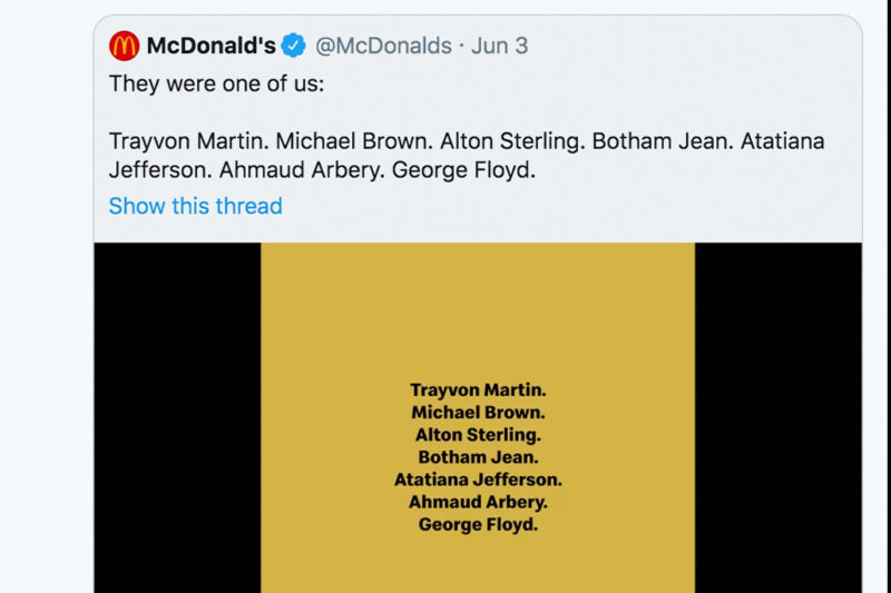 A tweet sent from the ACLU account calling out McDonalds for "woke-washing"