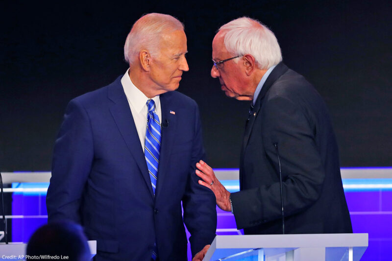Joe Biden and Bernie Sanders are shown at the Democratic Debate