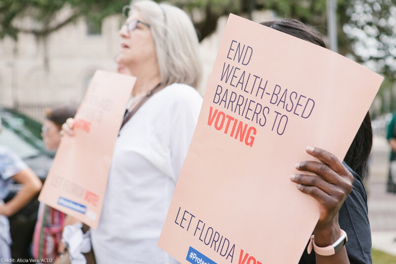 Woman holding sign reading 'End wealth based barriers to voting"