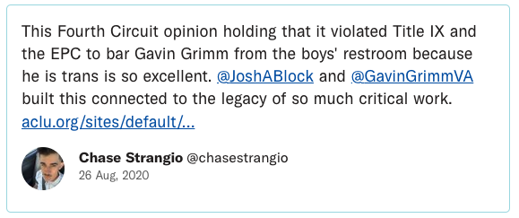 This Fourth Circuit opinion holding that it violated Title IX and the EPC to bar Gavin Grimm from the boys' restroom because he is trans is so excellent. @JoshABlock and @GavinGrimmVA built this connected to the legacy of so much critical work.