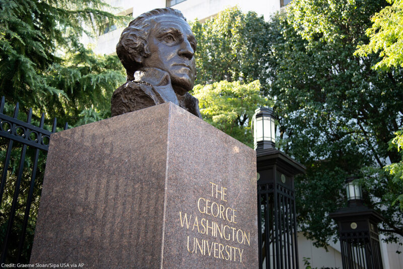 A bust of George Washington at a gate at The George Washington University (GWU) campus in Washington, D.C.