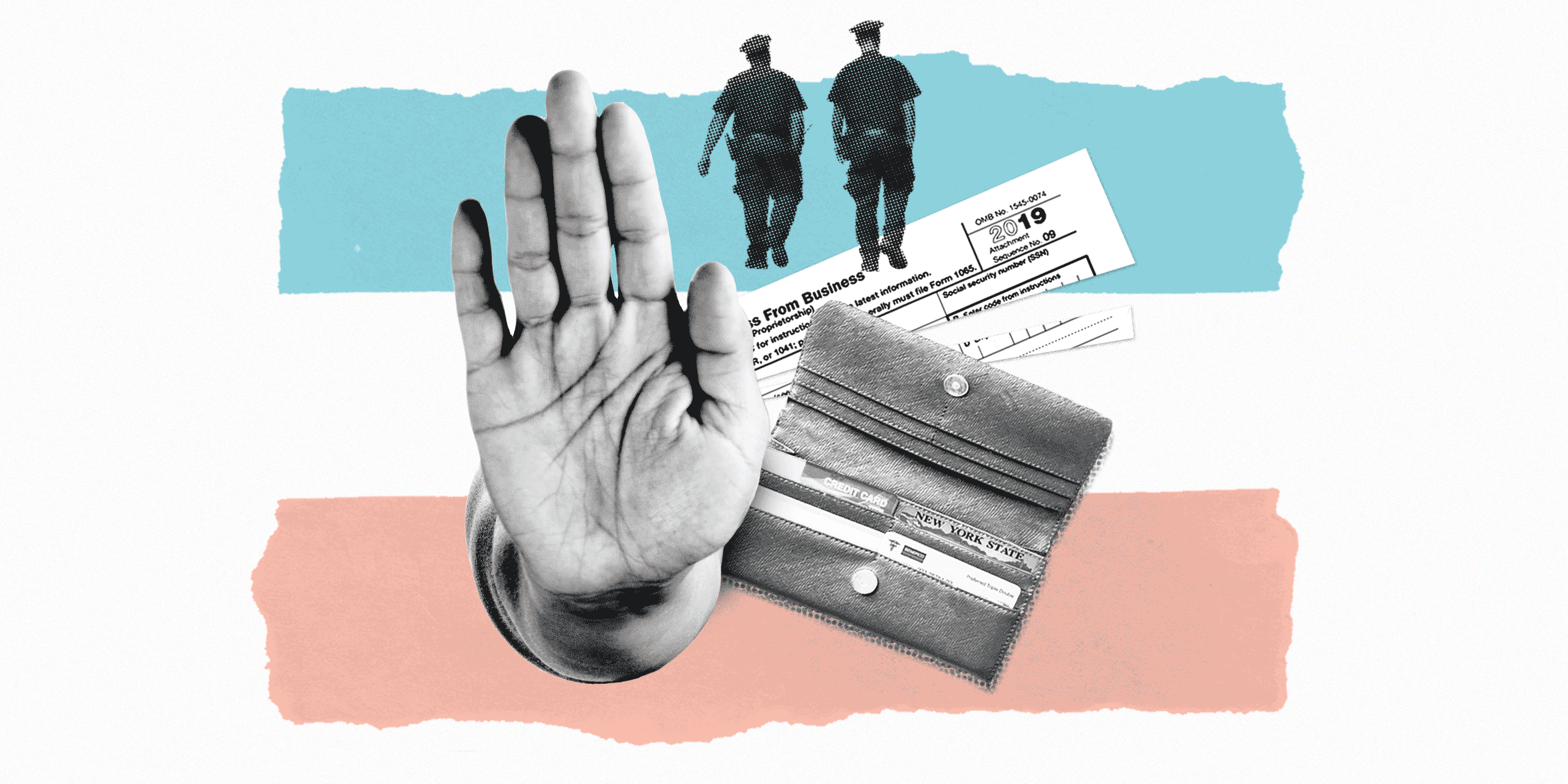 A collage of a palm of the hand, an open wallet, and cops over a transgender flag in the background.