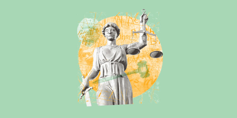 A collage of a statue of a woman holding a scale, a police badge, and a gavel