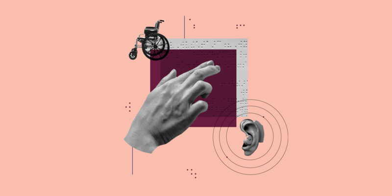 A collage of a hand on brail, a wheelchair, and an ear.
