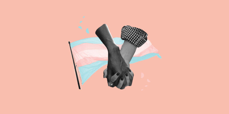 A collage of 2 hands holding and a trans pride flag
