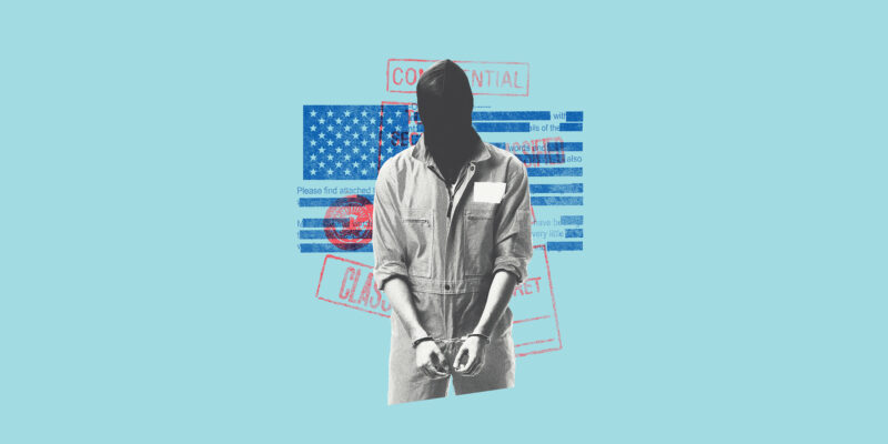 Collage of a person in handcuffs with their face covered and classified stamps
