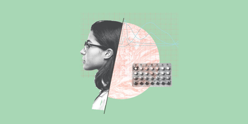 Collage of a female doctor and a pack of birth control pills