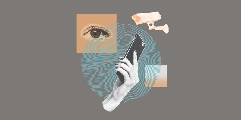 Collage of a surveillance camera, an eye, and a hand holding a cellphone