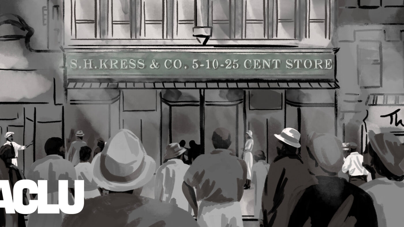 Black and white illustration of Harlem storefront with onlookers in front of window