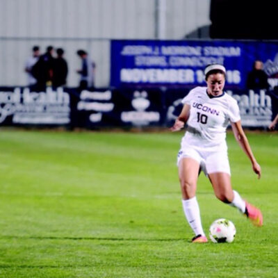 UCONN Soccer player and author Noriana Radwan is seen on the soccer pitch.