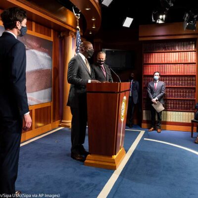 U.S. Senator Raphael Warnock (D-GA) speaking, with U.S. Senator Jon Ossoff (D-GA) and Senate Majority Leader Chuck Schumer (D-NY) standing next to him, about the COVID-19 relief legislation being worked on in the Senate, on February 11. 2021.