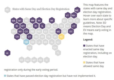 This map features the states with same day and election day registration.