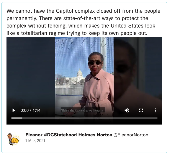We cannot have the Capitol complex closed off from the people permanently. There are state-of-the-art ways to protect the complex without fencing, which makes the United States look like a totalitarian regime trying to keep its own people out.