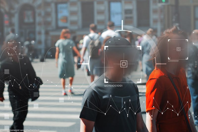 Face recognition and personal identification technologies in street surveillance cameras covering people's faces.