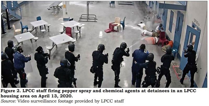 Image from official report showing LPCC officers firing tear gas at prisoners.