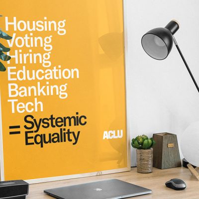 A picture of ACLU's systemic equality poster framed and placed on top of a desk.