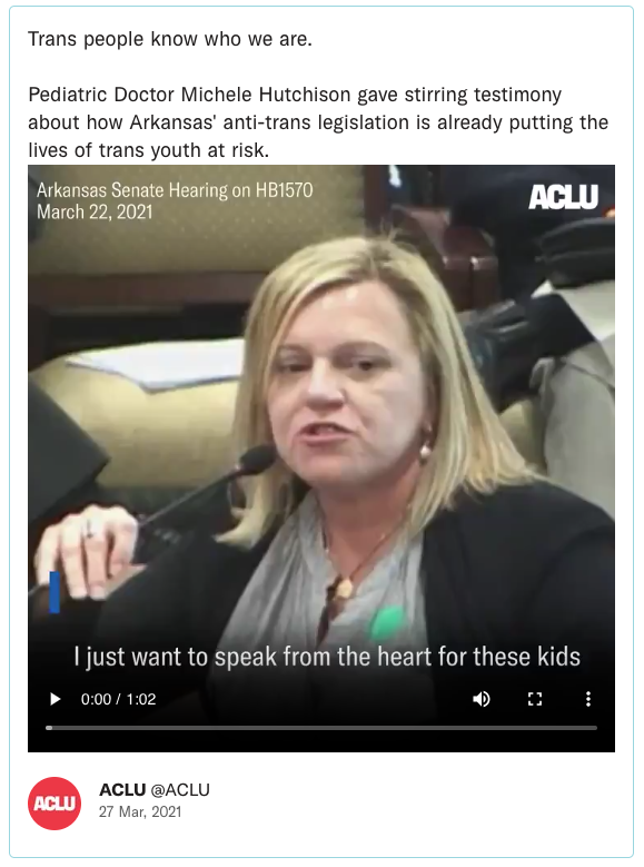 Trans people know who we are. Pediatric Doctor Michele Hutchison gave stirring testimony about how Arkansas' anti-trans legislation is already putting the lives of trans youth at risk.
