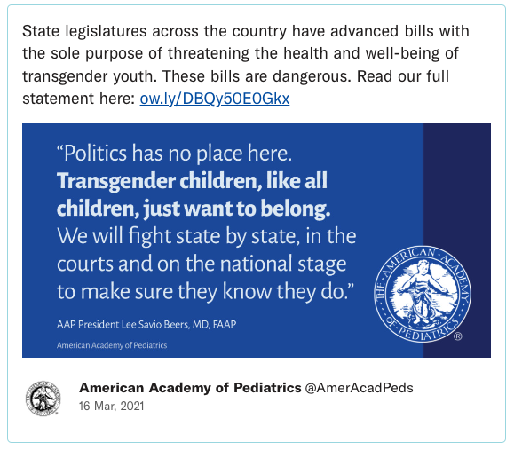 State legislatures across the country have advanced bills with the sole purpose of threatening the health and well-being of transgender youth. These bills are dangerous. Read our full statement here