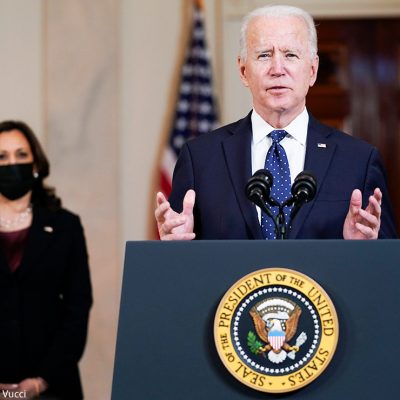 President Joe Biden, accompanied by Vice President Kamala Harris, speaks Tuesday, April 20, 2021, at the White House in Washington, DC