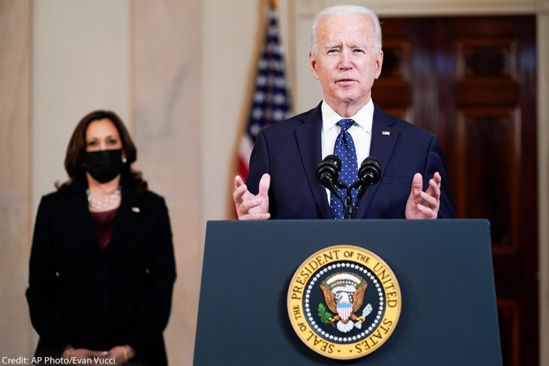 President Joe Biden, accompanied by Vice President Kamala Harris, speaks Tuesday, April 20, 2021, at the White House in Washington, DC