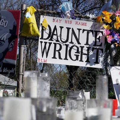 A makeshift memorial for Daunte Wright in front of Brooklyn Center