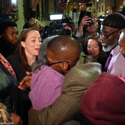 Prisoner Alfred Chestnut hugs his mother Sarah after his release Monday, Nov. 25, 2019, in Baltimore.