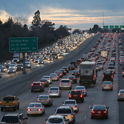 Evening rush hour traffic fills Highway 50 in Sacramento, California