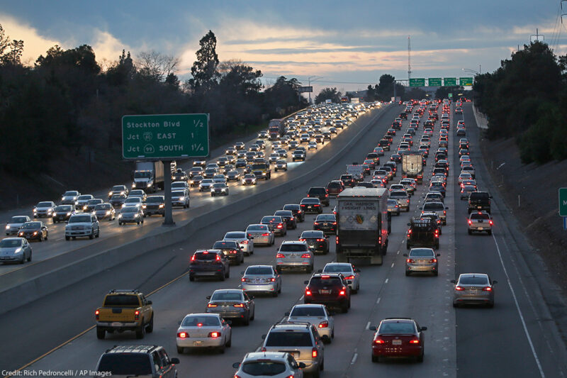 Evening rush hour traffic fills Highway 50 in Sacramento, California