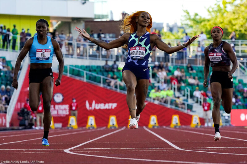 Sha'Carri Richardson celebrates after winning during fourth heat at Olympics 2021