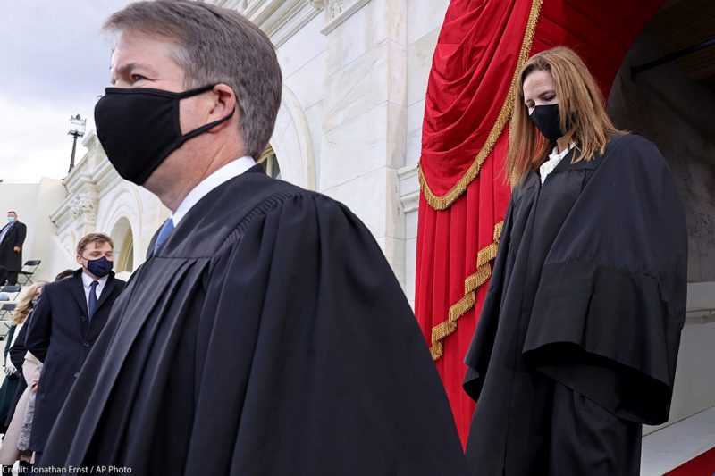 Supreme Court Justices Brett Kavanaugh and Amy Coney Barrett arrive for the inauguration of Joe Biden