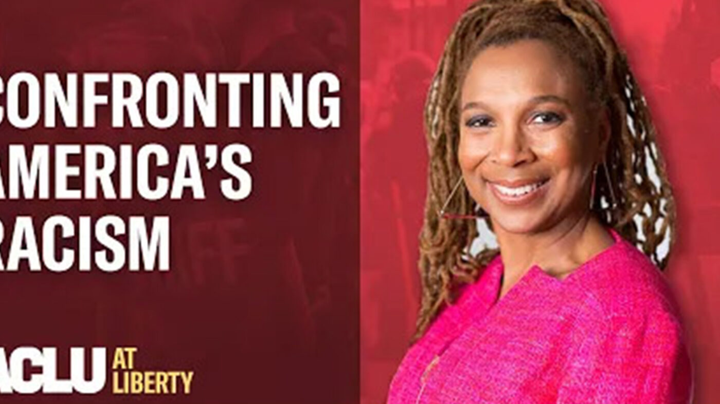 The words, "Confronting America's Racism" with an image of Kimberlé Crenshaw.