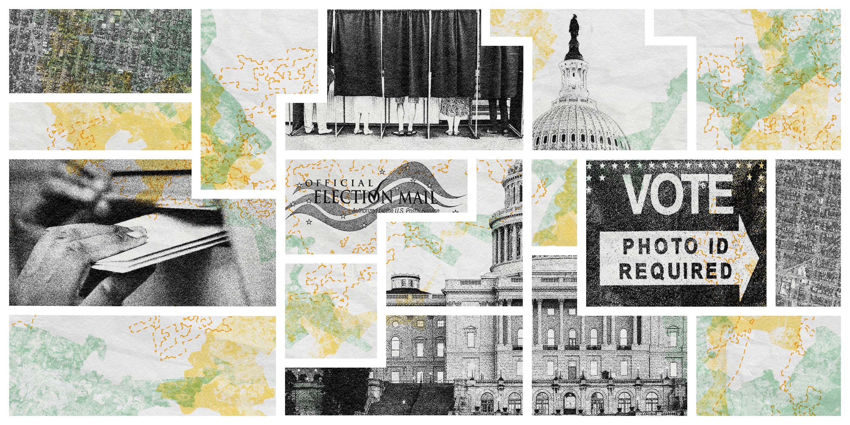 A collage of voting related images: a mail in ballot, a ballot box, the Capitol building and people voting behind a curtain