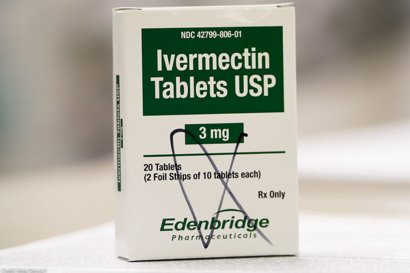 A box of ivermectin is shown in a pharmacy.