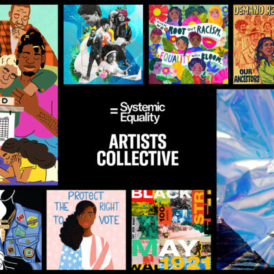 A banner containing the visual art pieces from the 10 emerging artists, with the words "Systemic Equality Artists Collective" in the center of the banner.