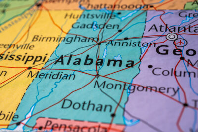 Alabama on a map of the United States of America