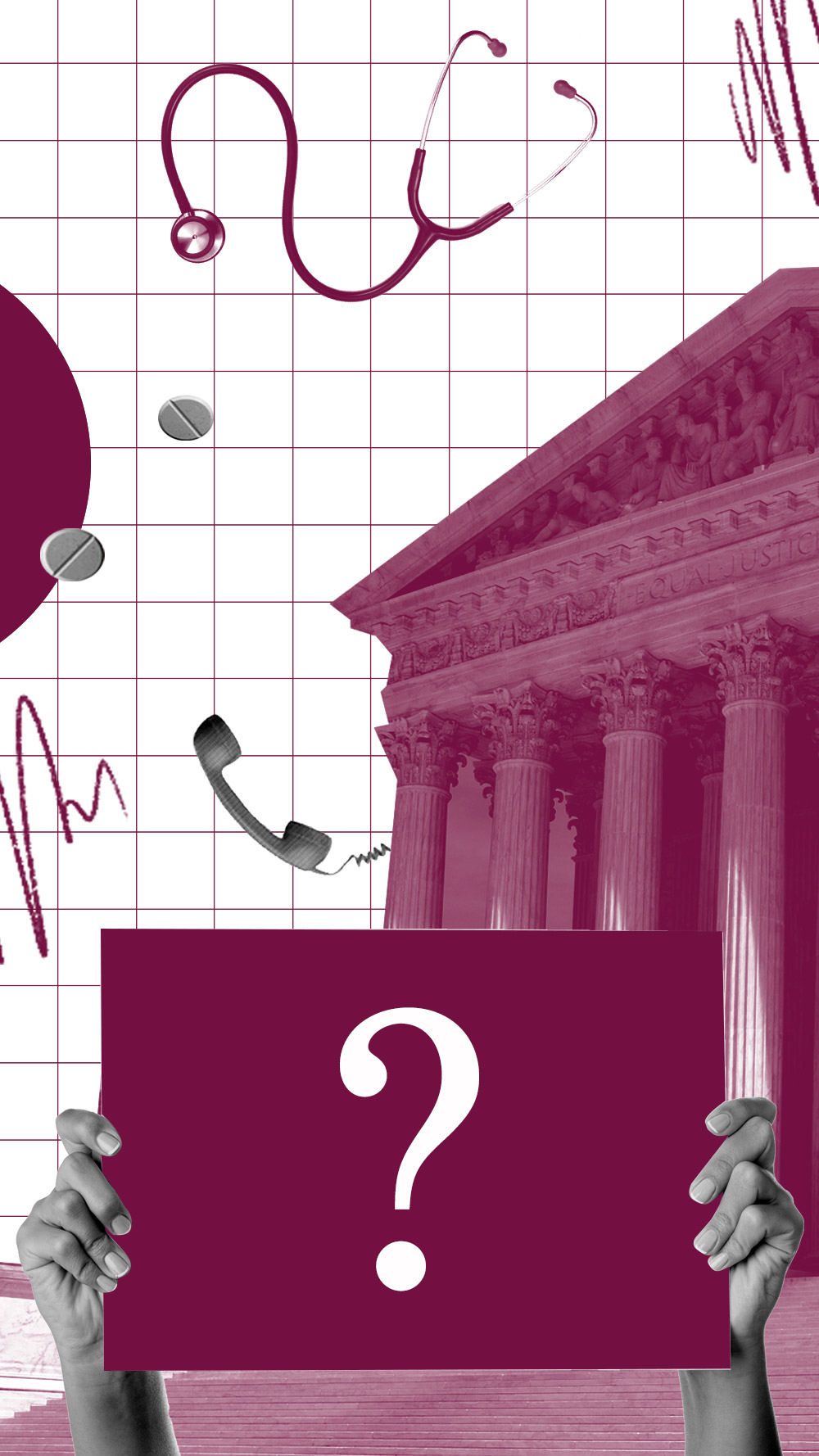 A purple collage of images, including the Supreme Court, a stethoscope, and two hands holding a sign with a question mark.