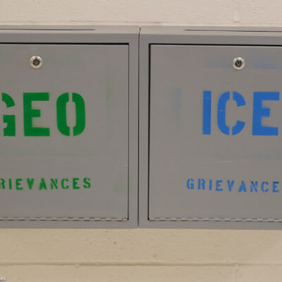 GEO and ICE grievance boxes at the U.S. Immigration and Customs Enforcement detention center.