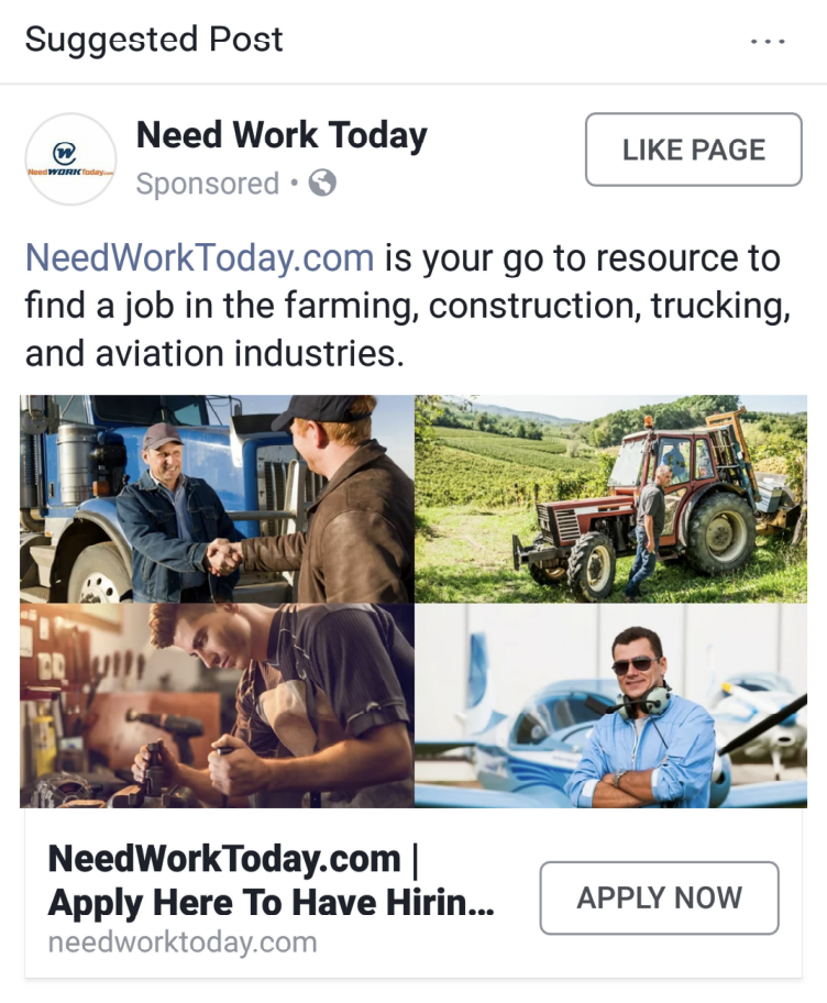 An example of the discriminatory ads, advertising a resource for farming, construction, trucking, and aviation jobs.