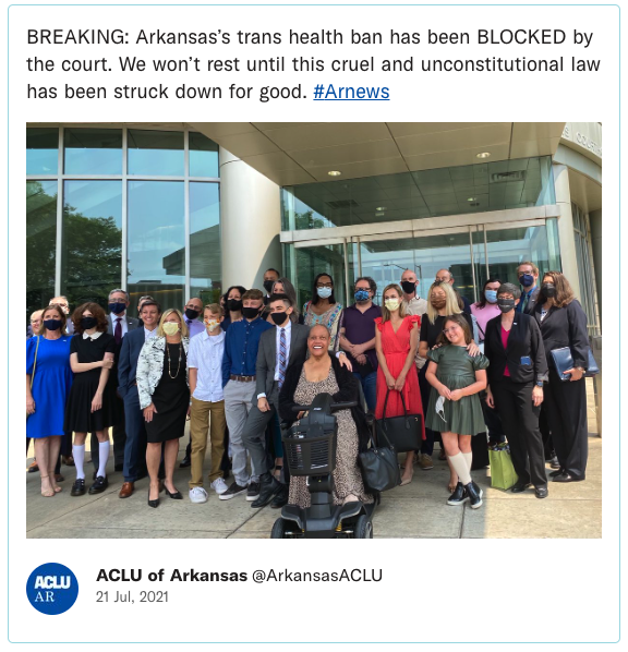 BREAKING: Arkansas’s trans health ban has been BLOCKED by the court. We won’t rest until this cruel and unconstitutional law has been struck down for good.