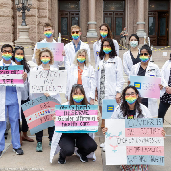 Medical professionals protest Texas legislation that would ban the gender-affirming medical care.