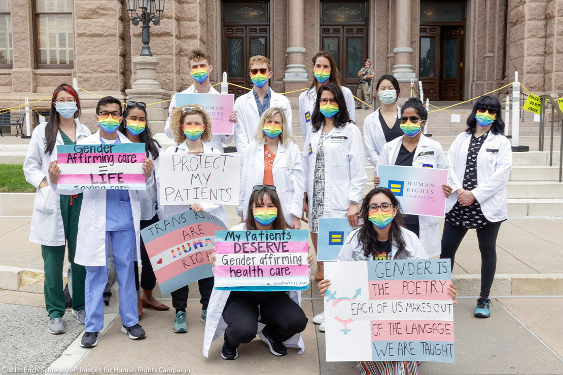 Medical professionals protest Texas legislation that would ban the gender-affirming medical care.